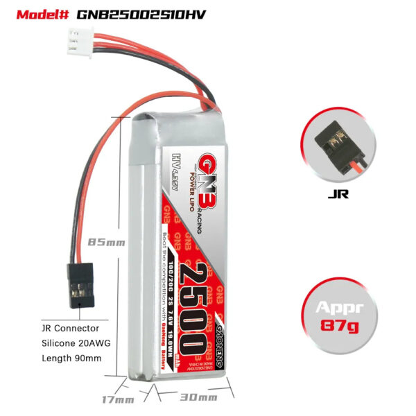 GAONENG GNB 2S 7.6V 2500mAh 10C LiPo аккумулятор с разъемом JR для передатчиков и приемников нитро моделей — изображение 3