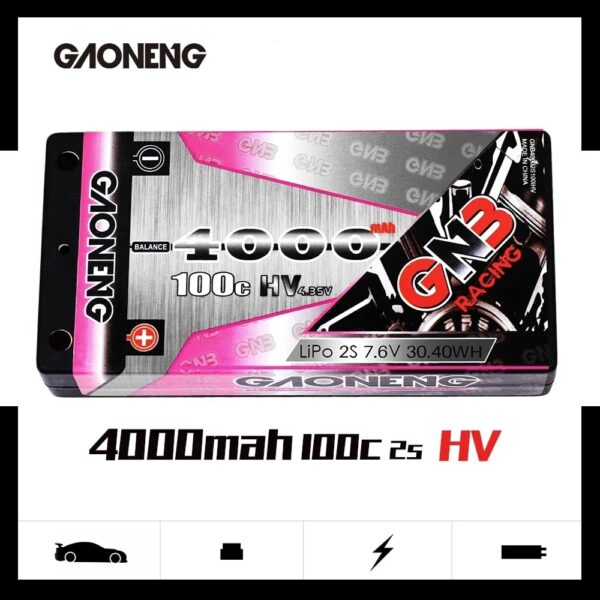GAONENG GNB LiHV 2S 7.6V 4000MAH 100C Thin Shorty Pack 4mm Bullet Hard Case LiPo Battery — изображение 2