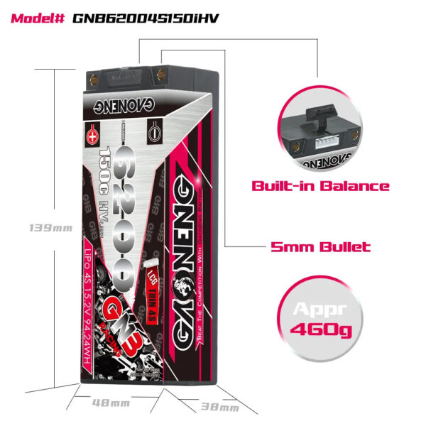 GAONENG GNB LiHV 4S 15.2V 6200mAh 150C 5mm Bullet LCG Thin 4S Hard Case LiPo Battery — изображение 3